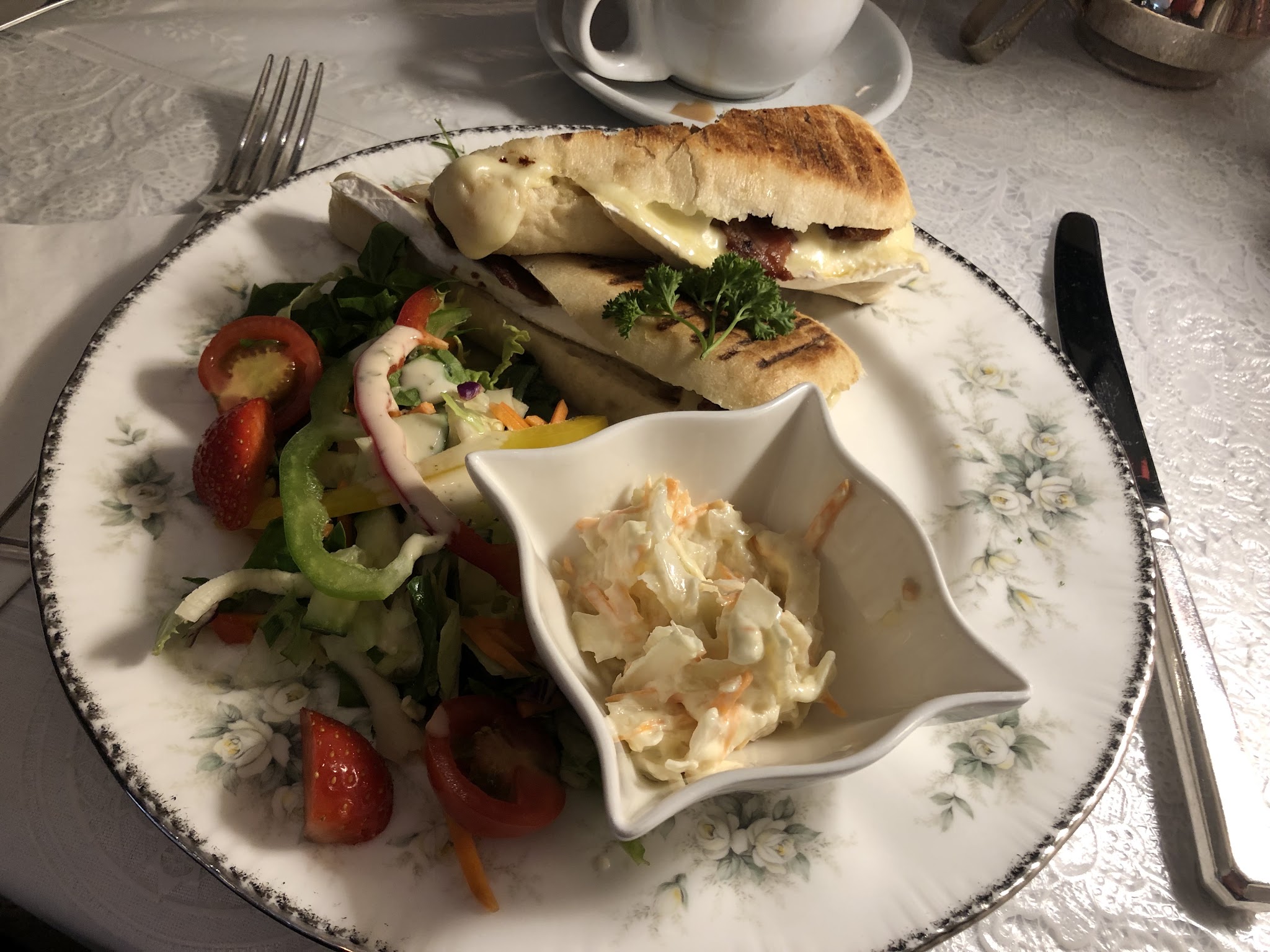 Toasted sandwich with salad and coleslaw on a floral plate
